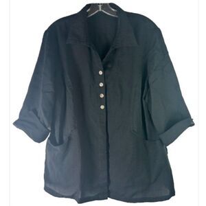 Fridaze Blouse Womens XL black Button Up 100% Linen Lagenlook casual relaxed